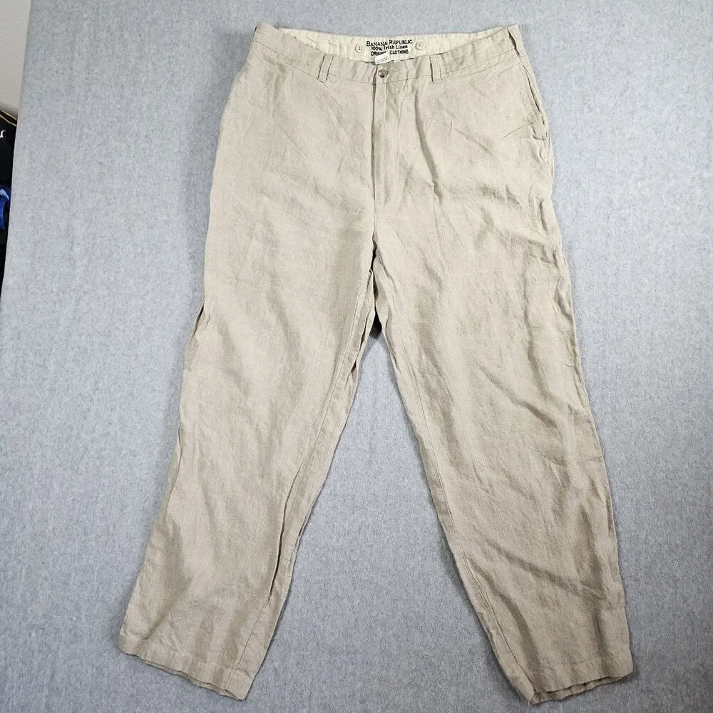 Banana Republic 100% Linen Men Beige Linen Trousers Pants Vintage 38L 36x30